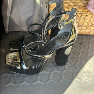 Marc Fisher Black Patent Platform Block Heel Sandals